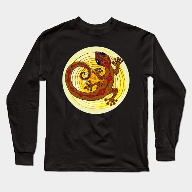 Gold Gecko Lizard in a Sun Spiral Long Sleeve T-Shirt by Heartsake